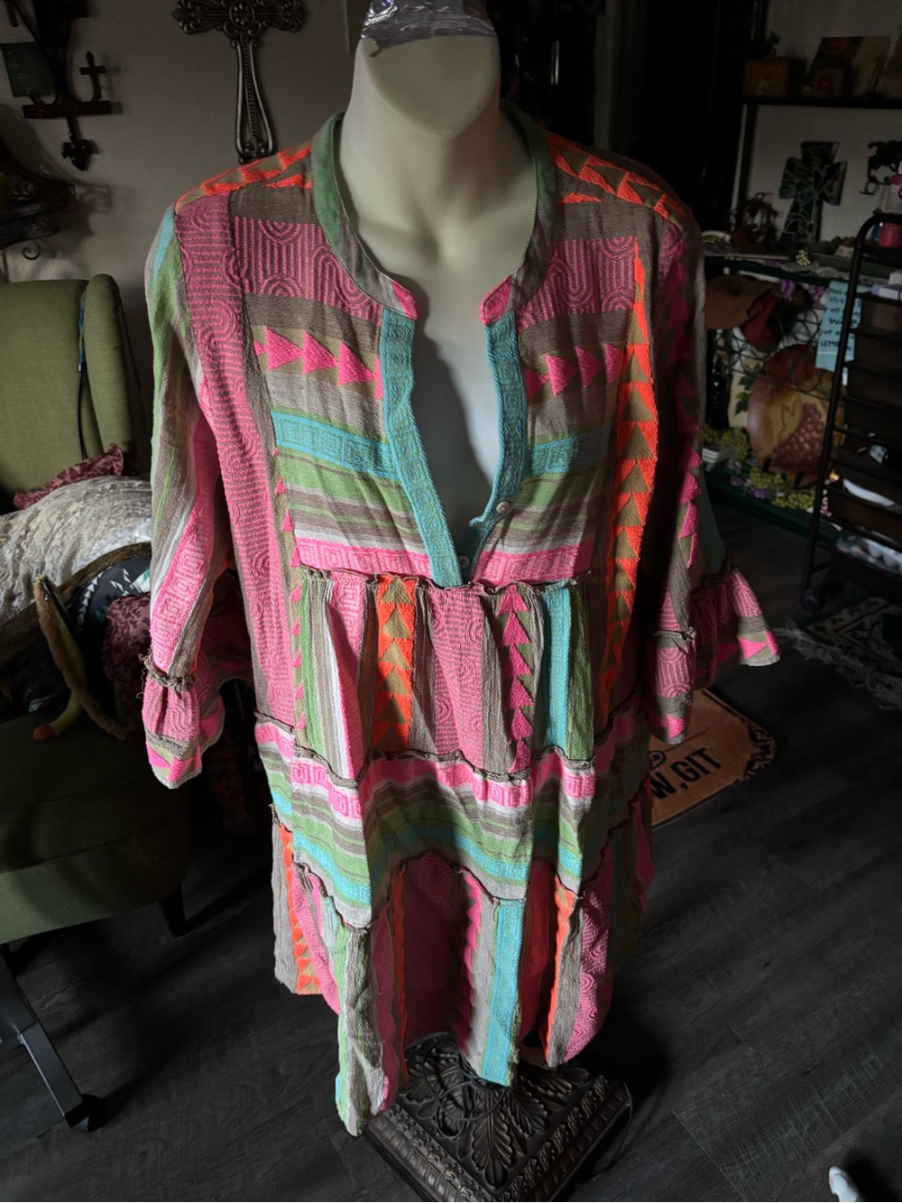 APNY Mixed Print Boho Tiered Tunic Mini Dress - Large